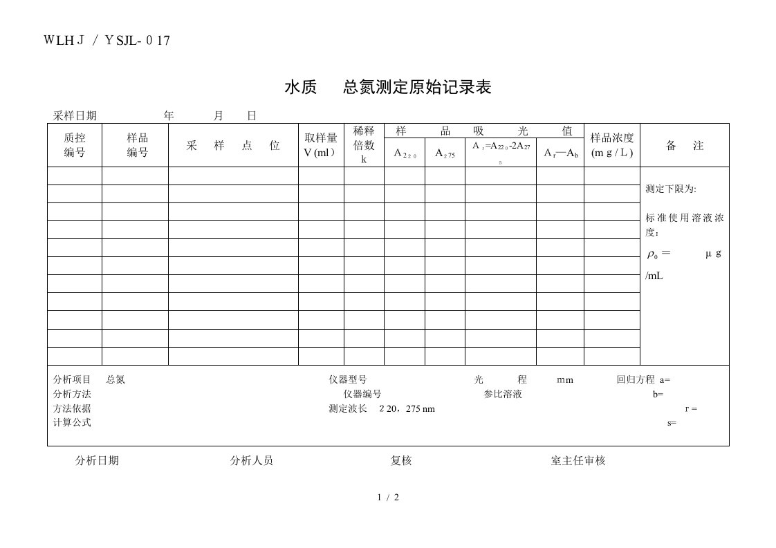 B017-水质总氮测定原始记录表