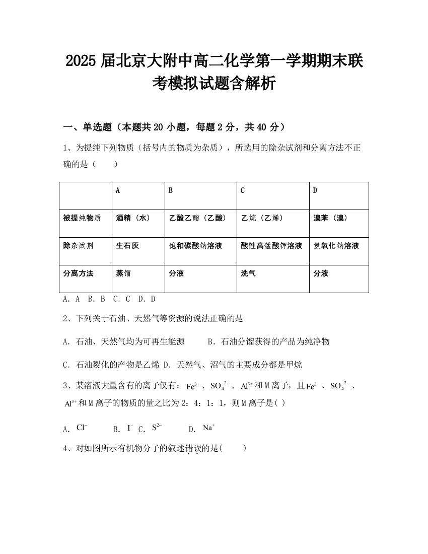 2025届北京大附中高二化学第一学期期末联考模拟试题含解析