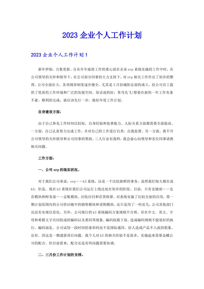 2023企业个人工作计划