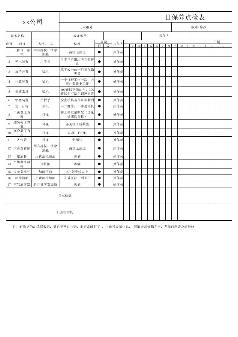 日保养点检表