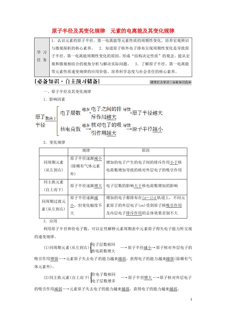 2021_2022学年新教材高中化学第1章原子结构与元素性质第3节基次时4原子半径及其变化规律元素的电离能及其变化规律学案鲁科版选择性必修2