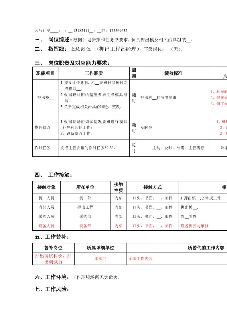 押出模钳工岗位说明书