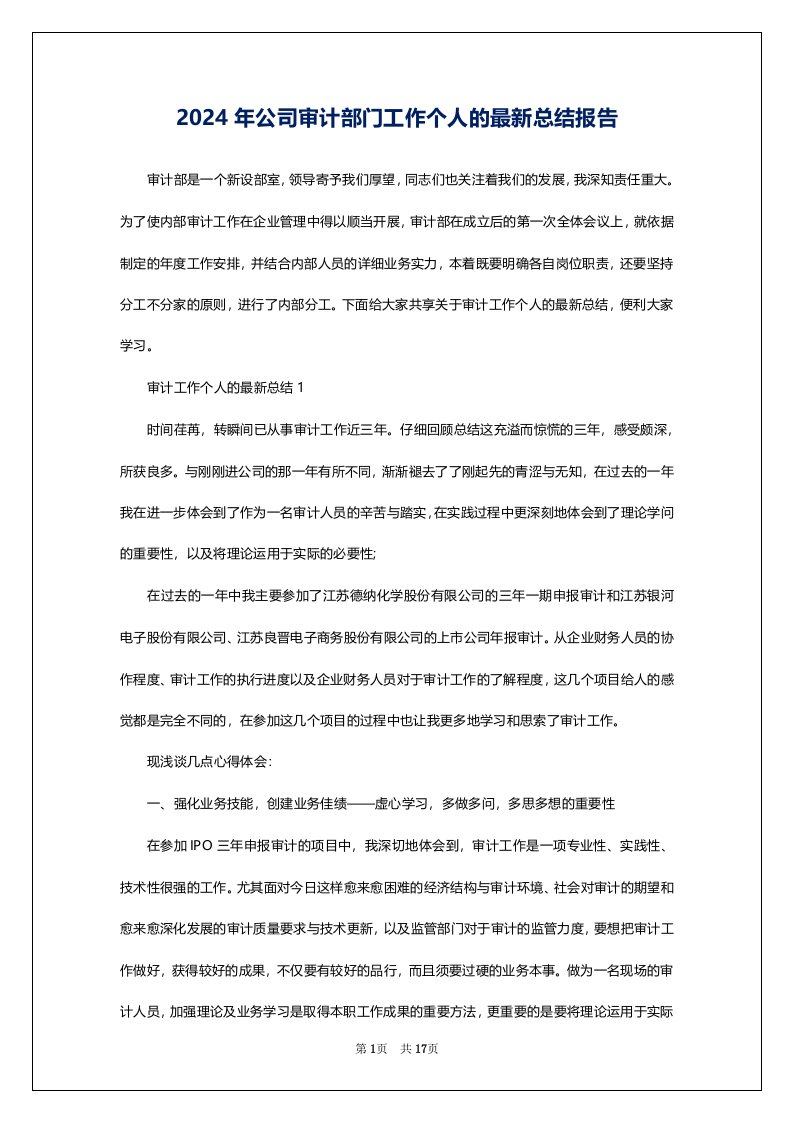 2024年公司审计部门工作个人的最新总结报告