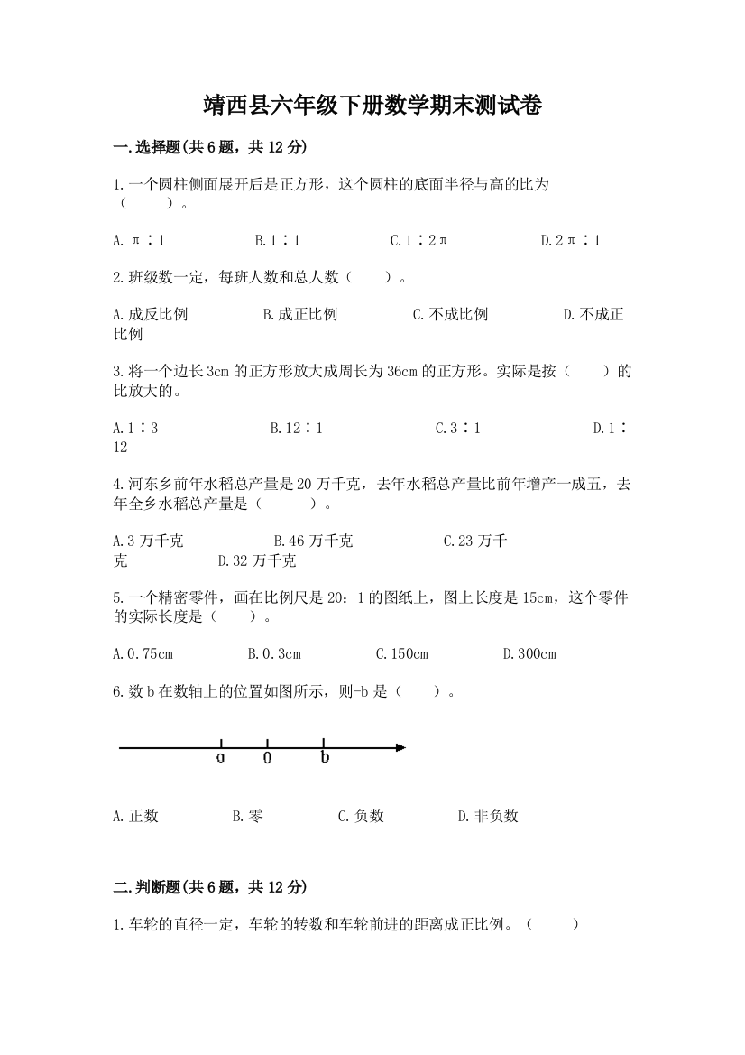 靖西县六年级下册数学期末测试卷及一套完整答案