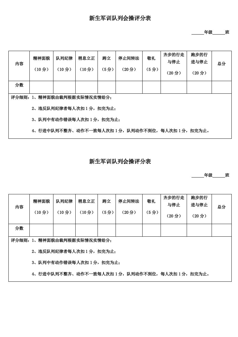 新生军训队列会操评分表