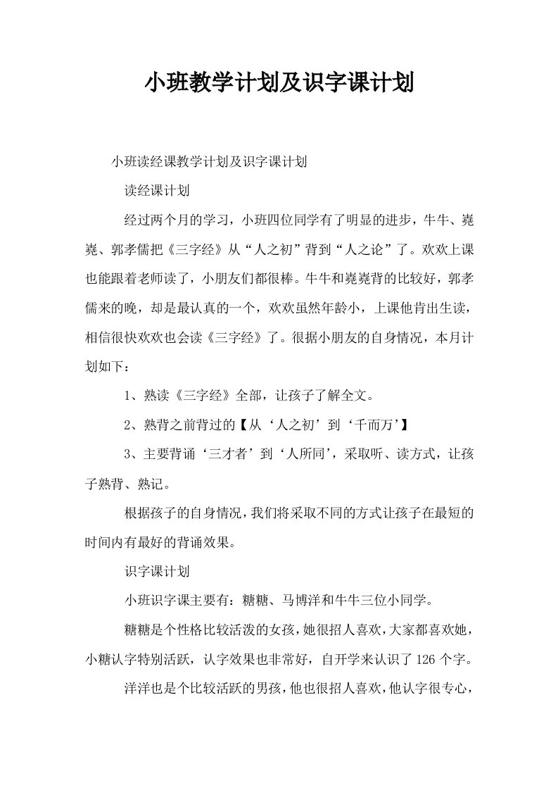 小班教学计划及识字课计划