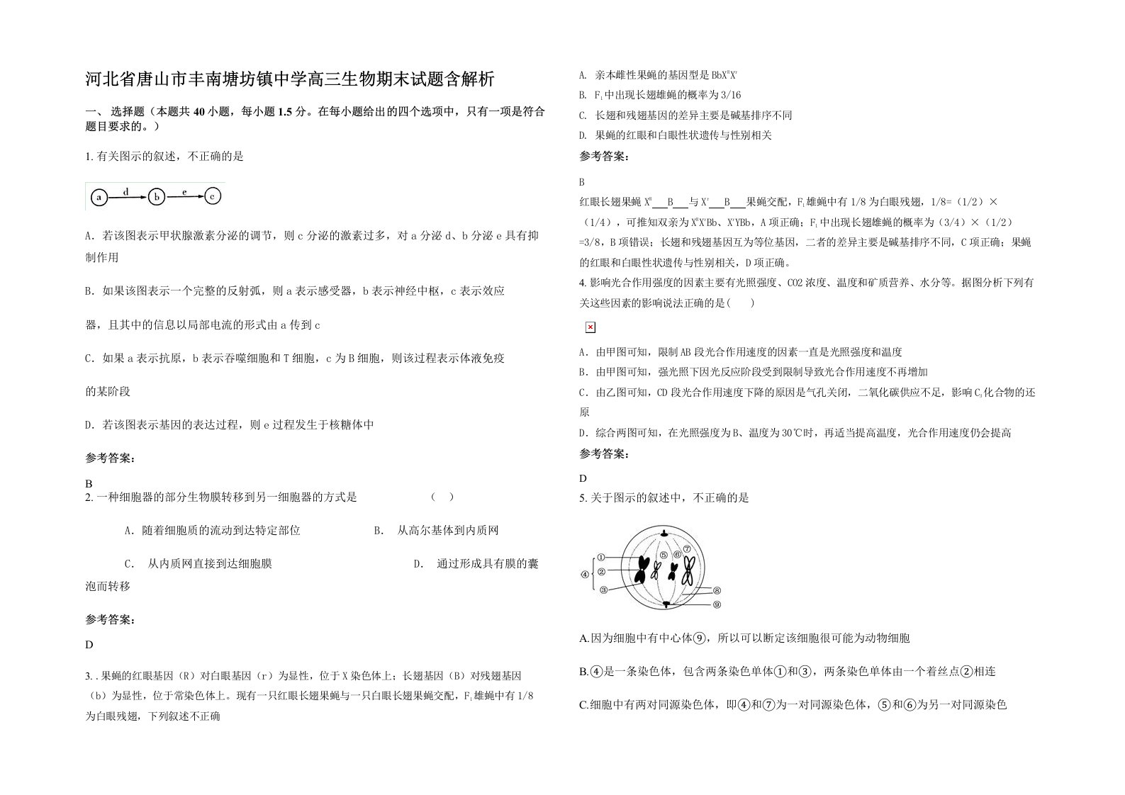 河北省唐山市丰南塘坊镇中学高三生物期末试题含解析