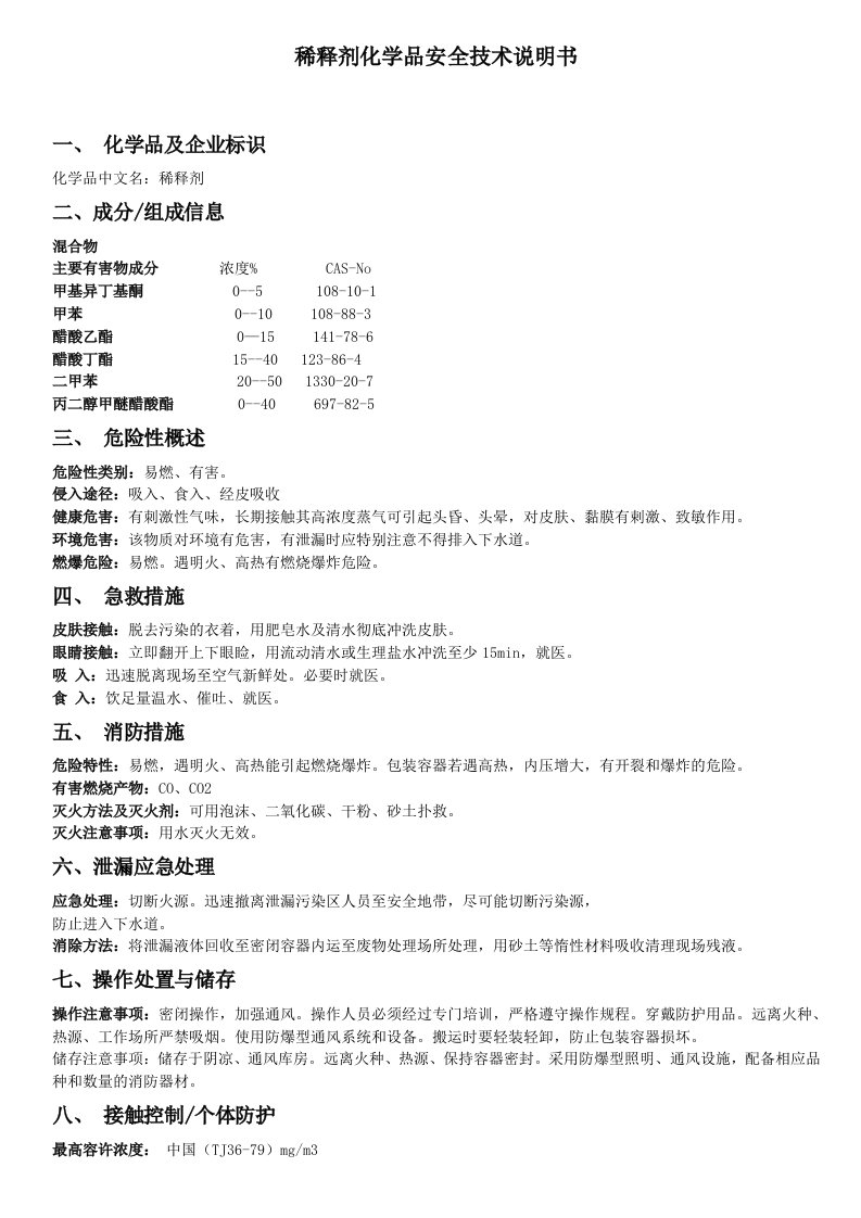 稀释剂化学品安全技术说明书