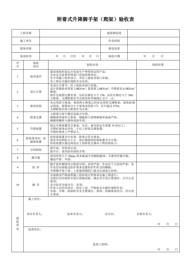 附着式升降脚手架(爬架)验收表