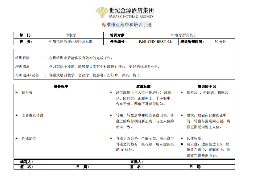 中餐包厢摆台程序及标准