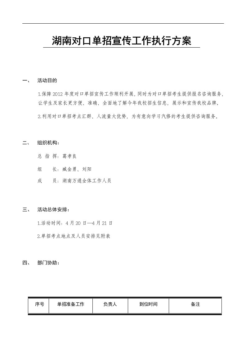 2012对口单招宣传执行方案