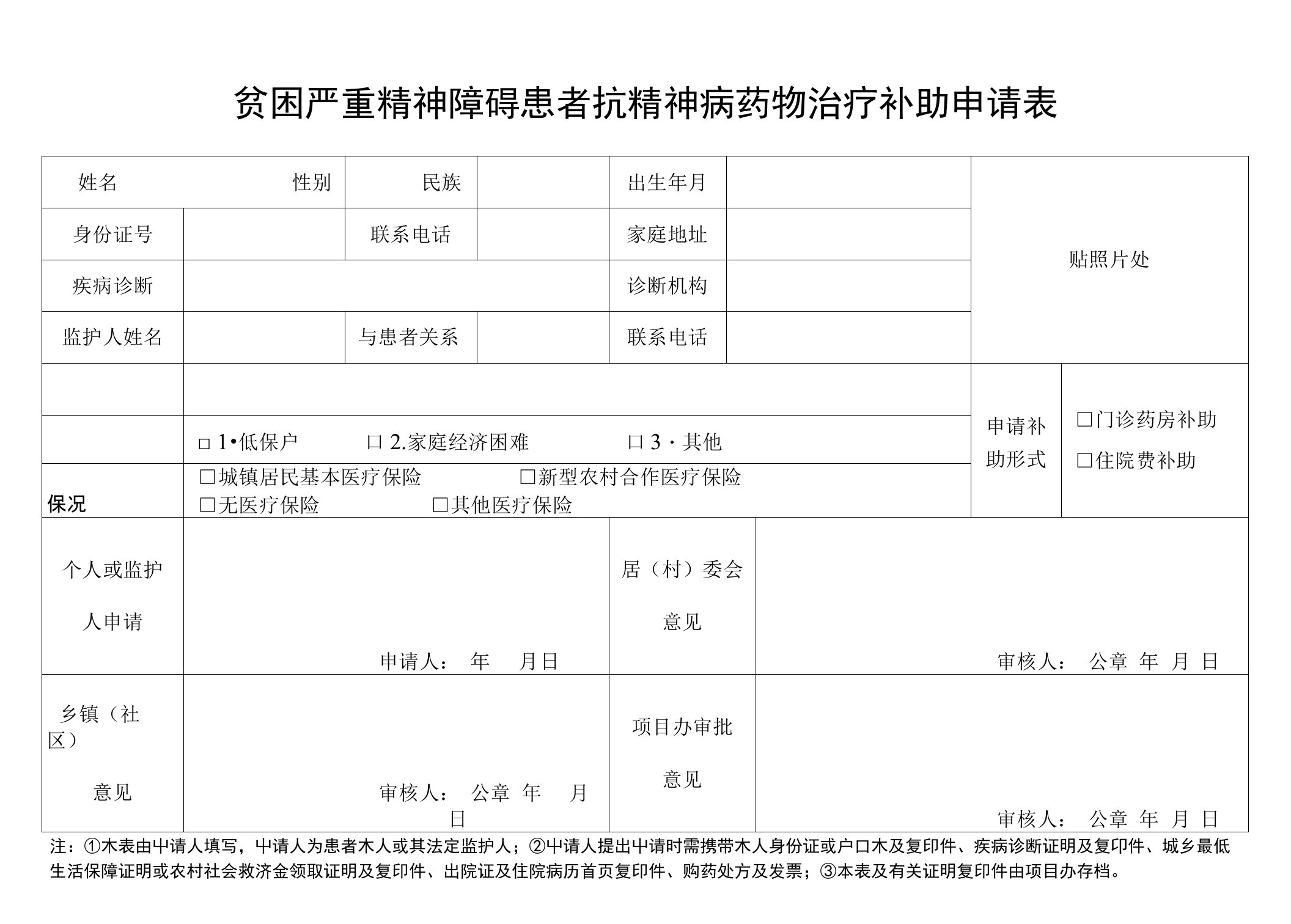 贫困严重精神障碍患者抗精神病药物治疗补助申请表