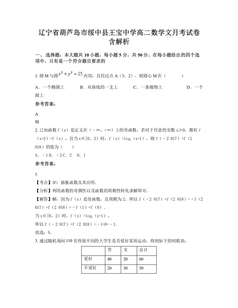 辽宁省葫芦岛市绥中县王宝中学高二数学文月考试卷含解析