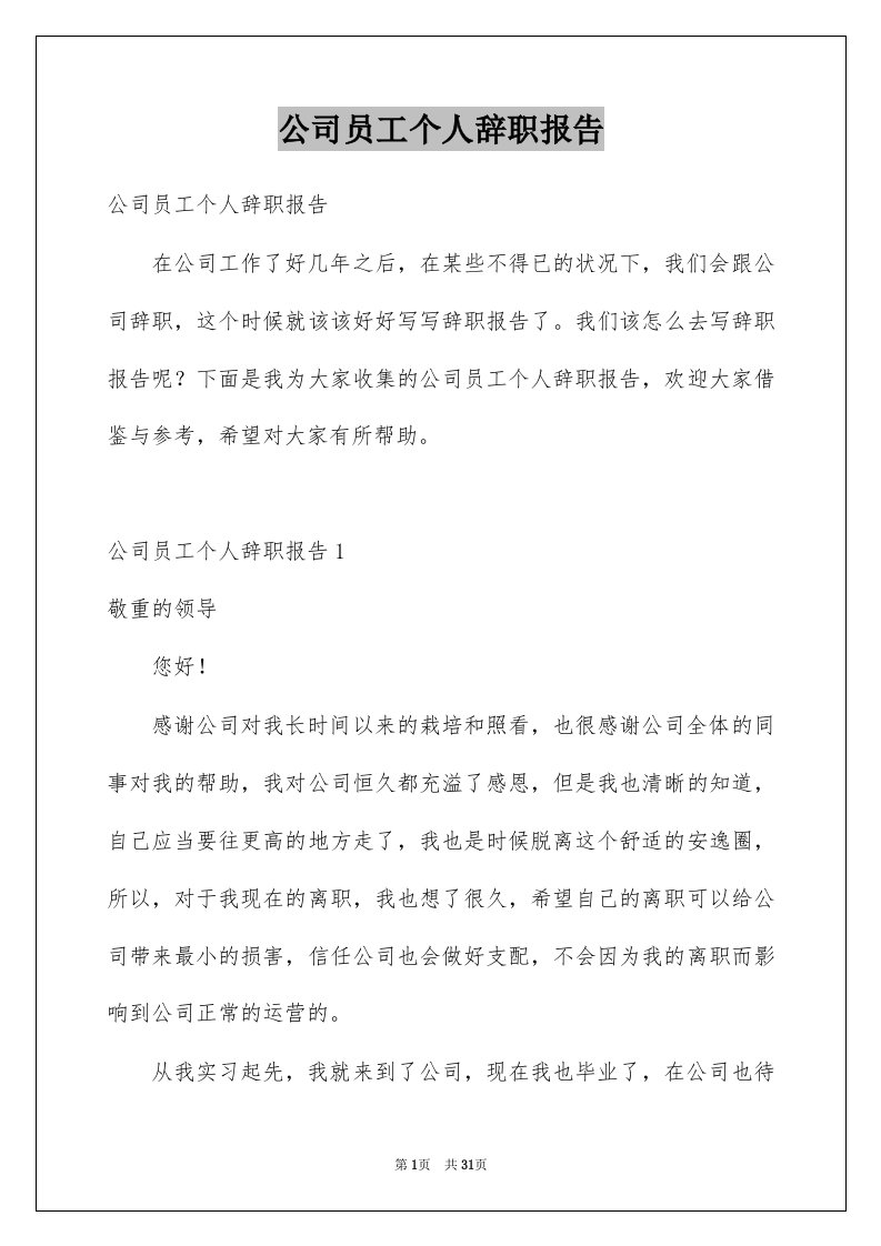 公司员工个人辞职报告范例