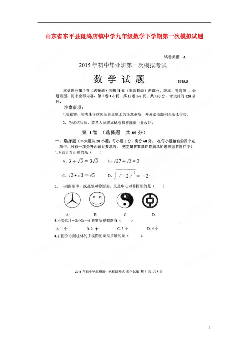 山东省东平县斑鸠店镇中学九级数学下学期第一次模拟试题（扫描版）