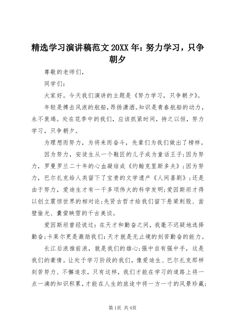 4精选学习演讲稿范文某年：努力学习，只争朝夕