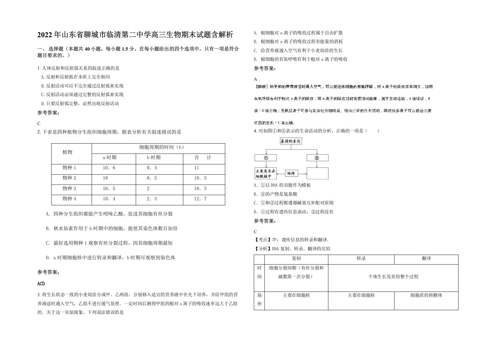 2022年山东省聊城市临清第二中学高三生物期末试题含解析