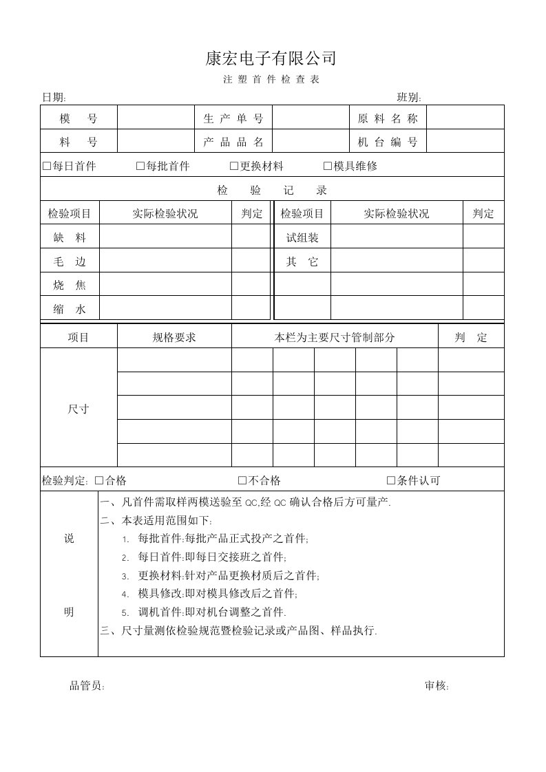 注塑车间首件检查表