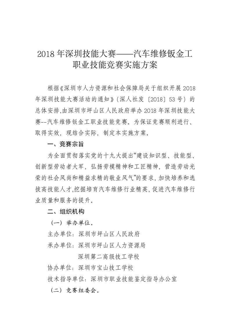 2018年深圳能大赛——汽车维修钣金工职业技能竞赛实施方