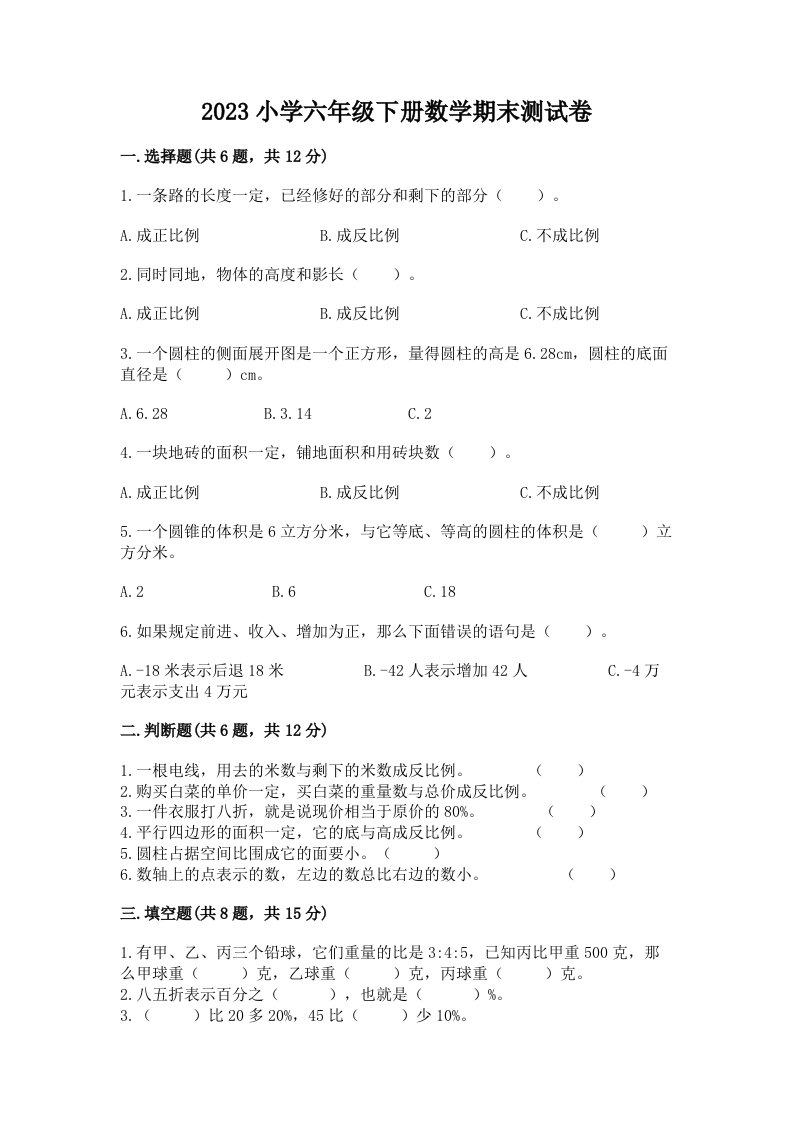 2023小学六年级下册数学期末测试卷含完整答案（名师系列）