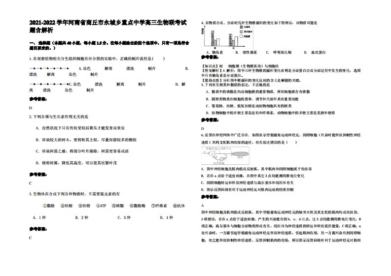 2021-2022学年河南省商丘市永城乡重点中学高三生物联考试题含解析