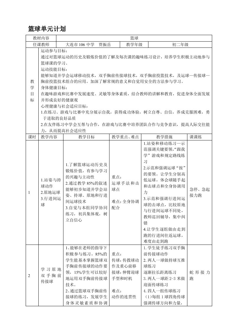 篮球——双手胸前传接球-课时计划