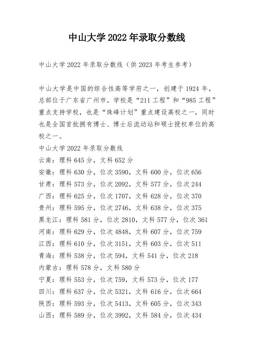 中山大学2022年录取分数线