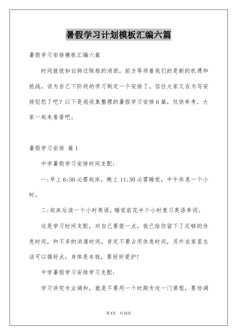 暑假学习计划模板汇编六篇