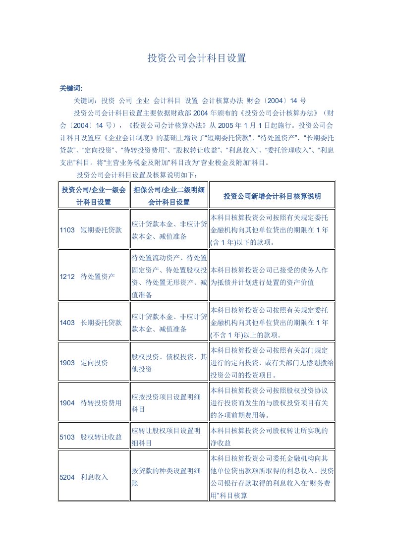 投资公司会计科目设置