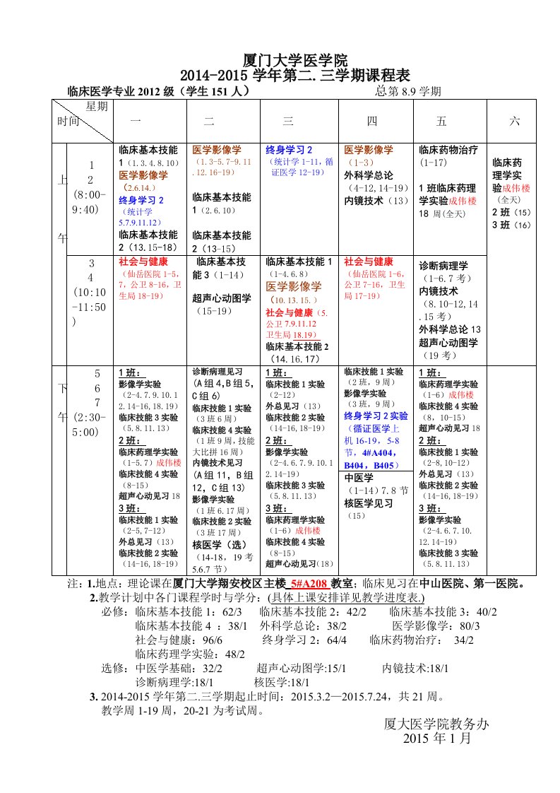 厦大医学院临床课程表-厦门大学医学院