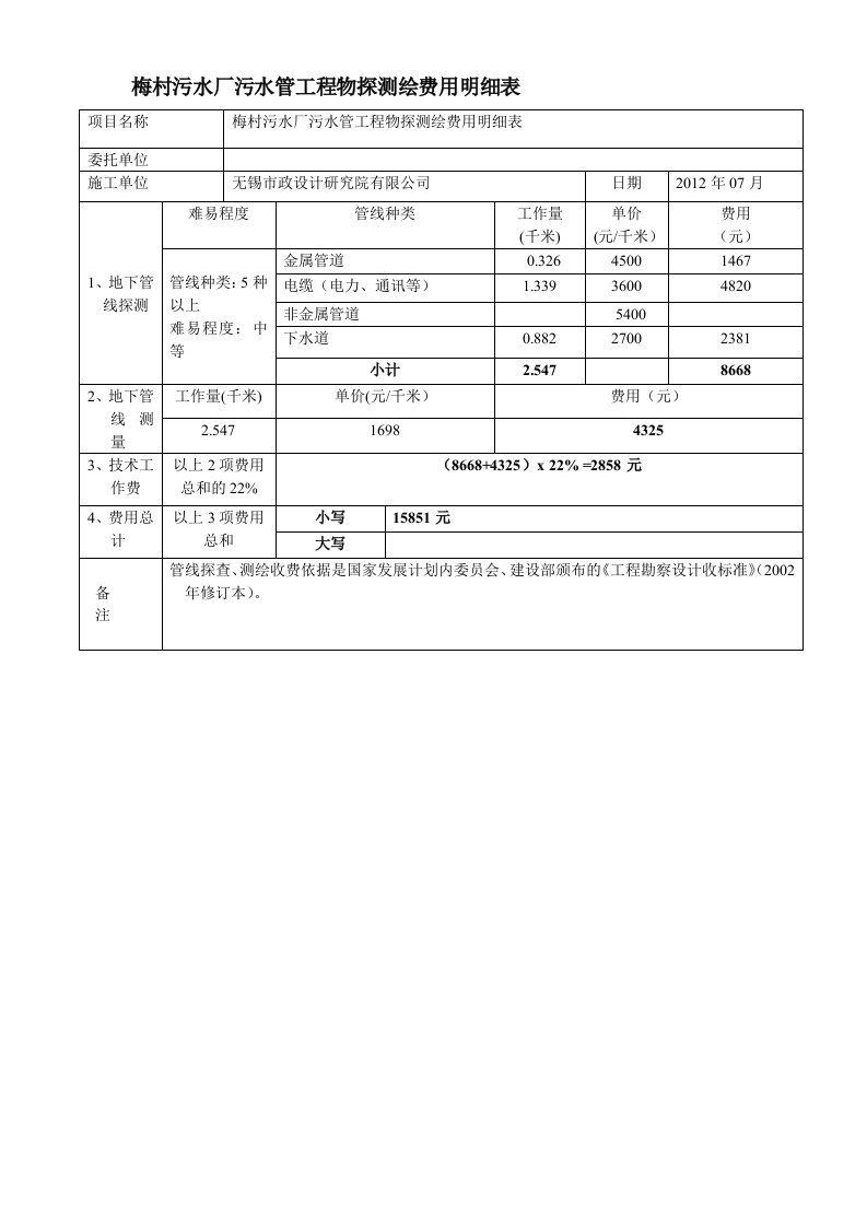 梅村污水厂污水管工程管线探测费用报价明细表