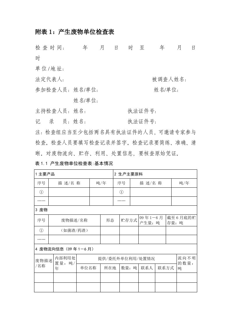 附表1产生废物单位检查表