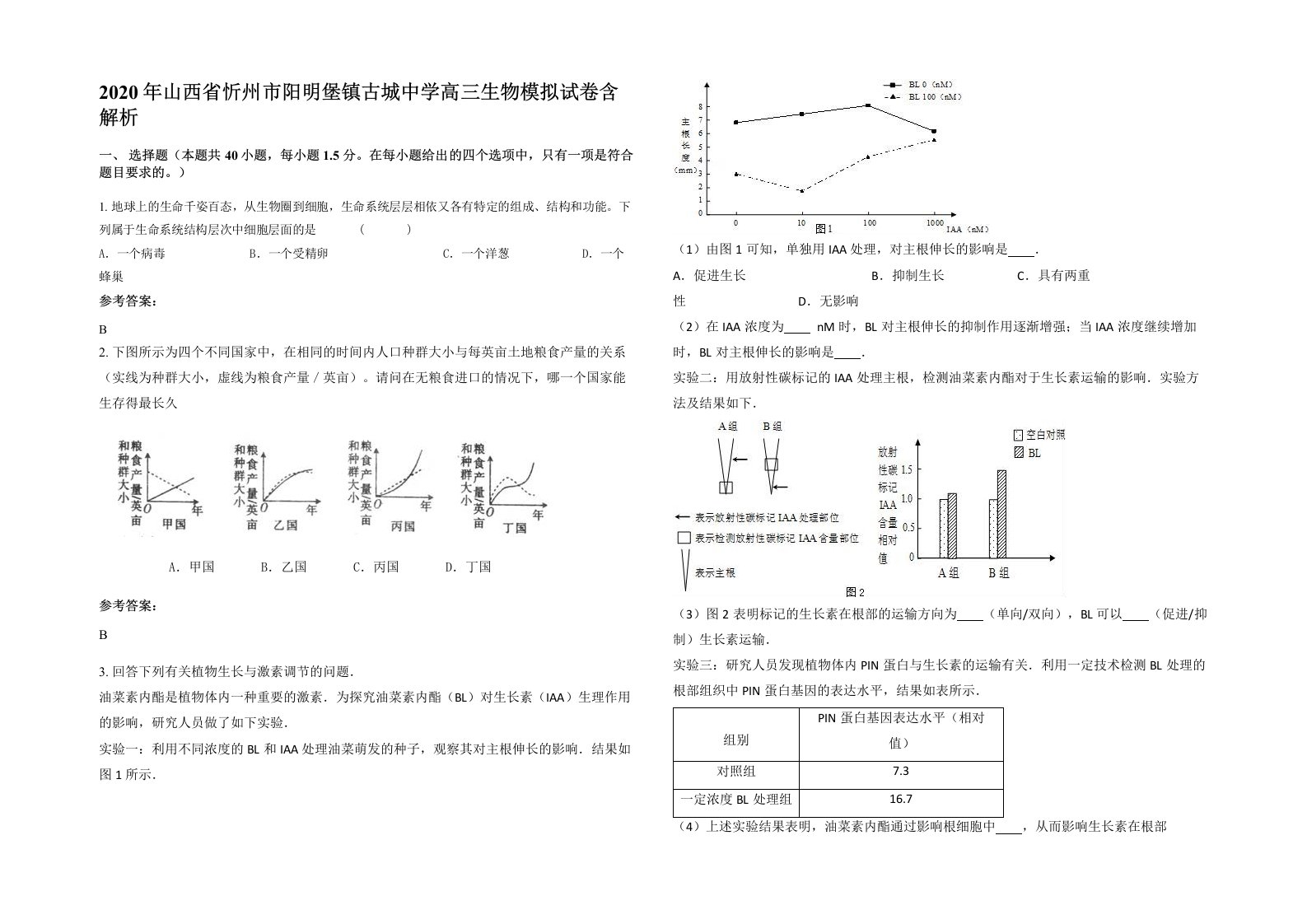 2020年山西省忻州市阳明堡镇古城中学高三生物模拟试卷含解析