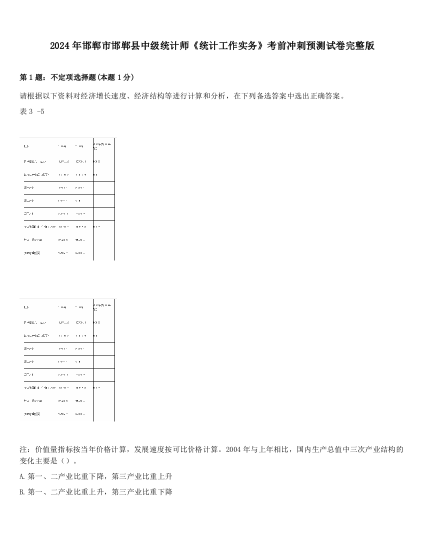 2024年邯郸市邯郸县中级统计师《统计工作实务》考前冲刺预测试卷完整版