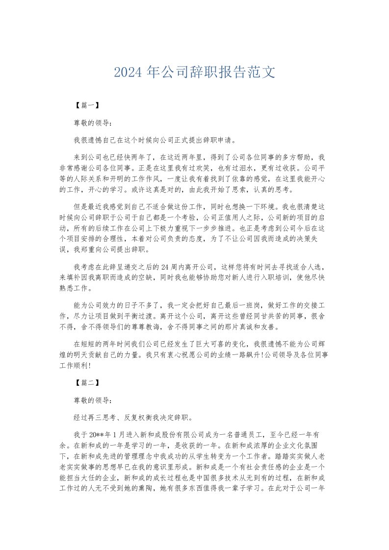 总结报告2024年公司辞职报告范文