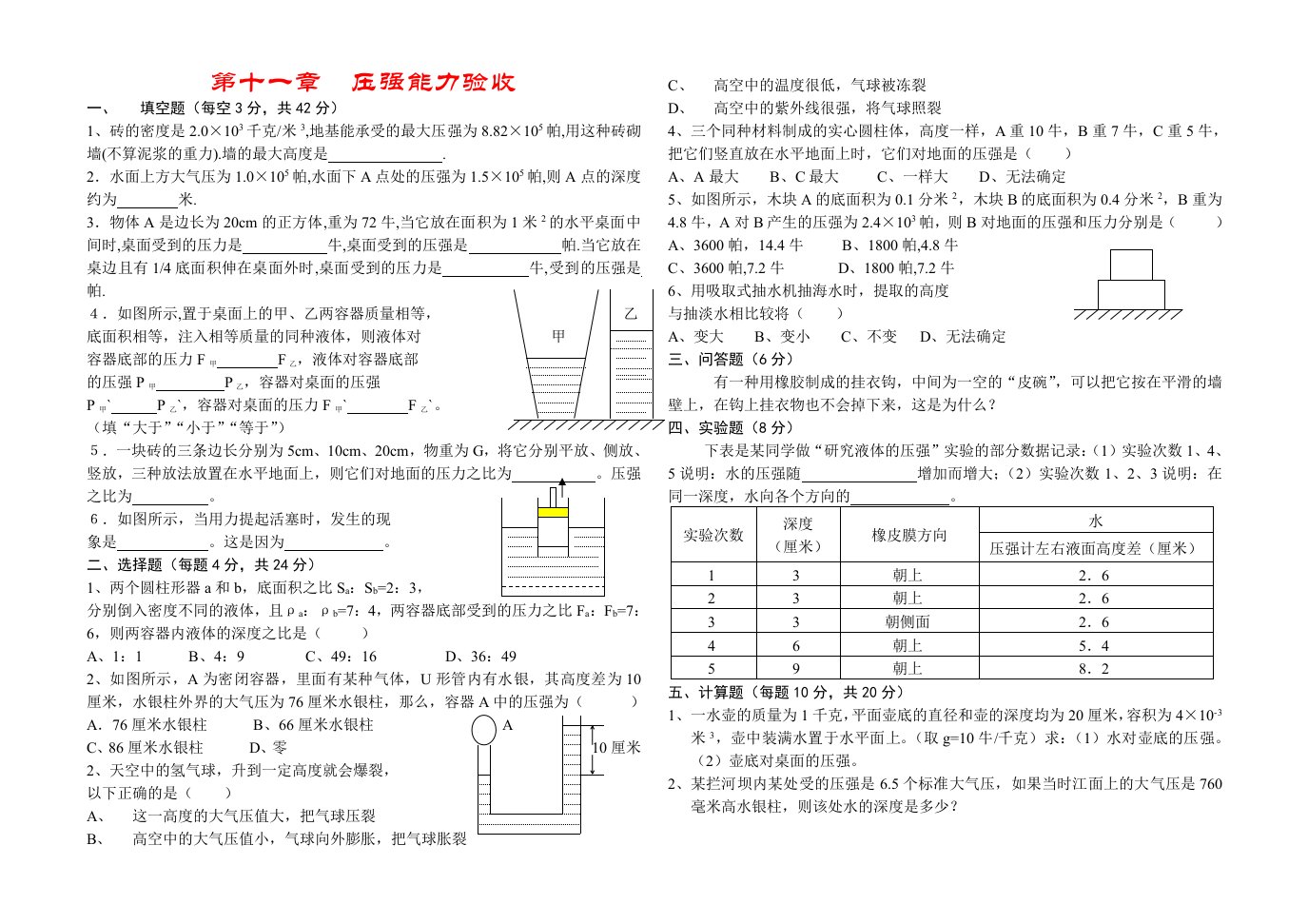 初二物理第十一章压强能力验收