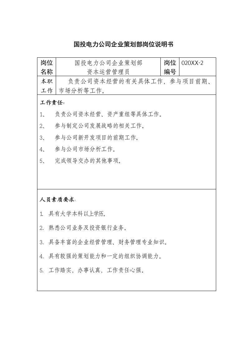 酒类资料-国投电力公司企业策划部岗位说明书