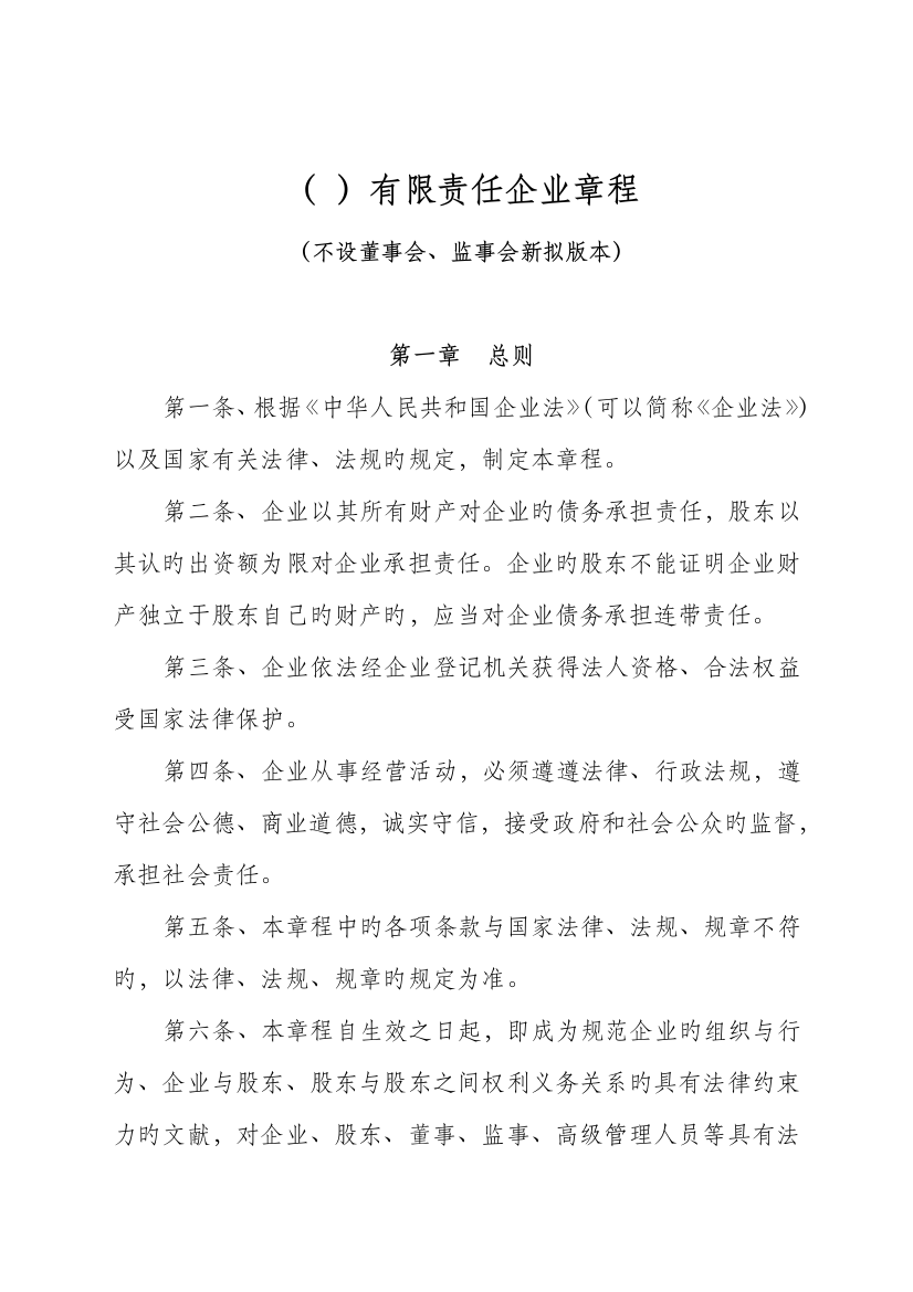 新拟简洁式有限公司章程不设董事会监事会版本