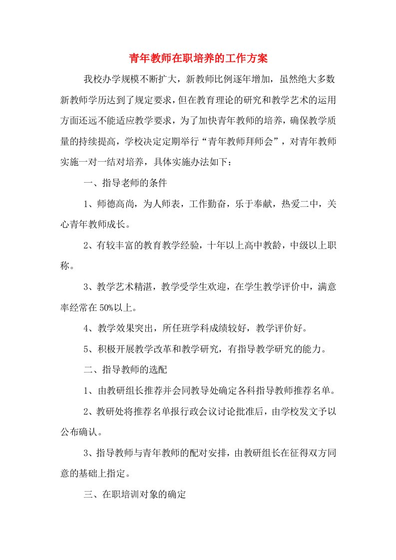 青年教师在职培养的工作方案