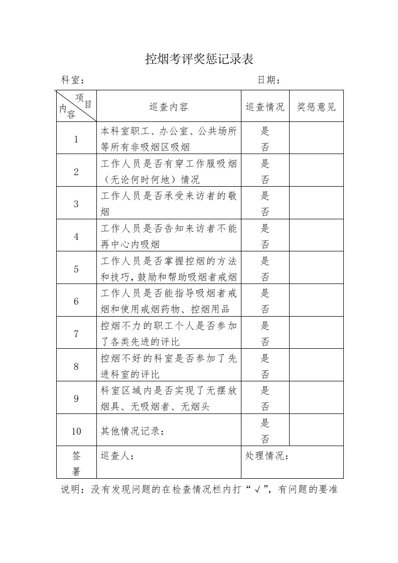 控烟考评奖惩记录表