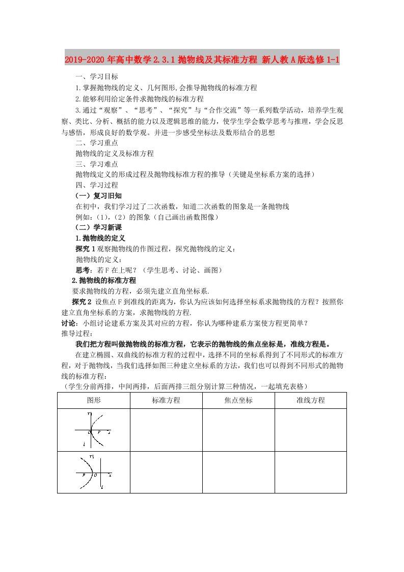 2019-2020年高中数学2.3.1抛物线及其标准方程