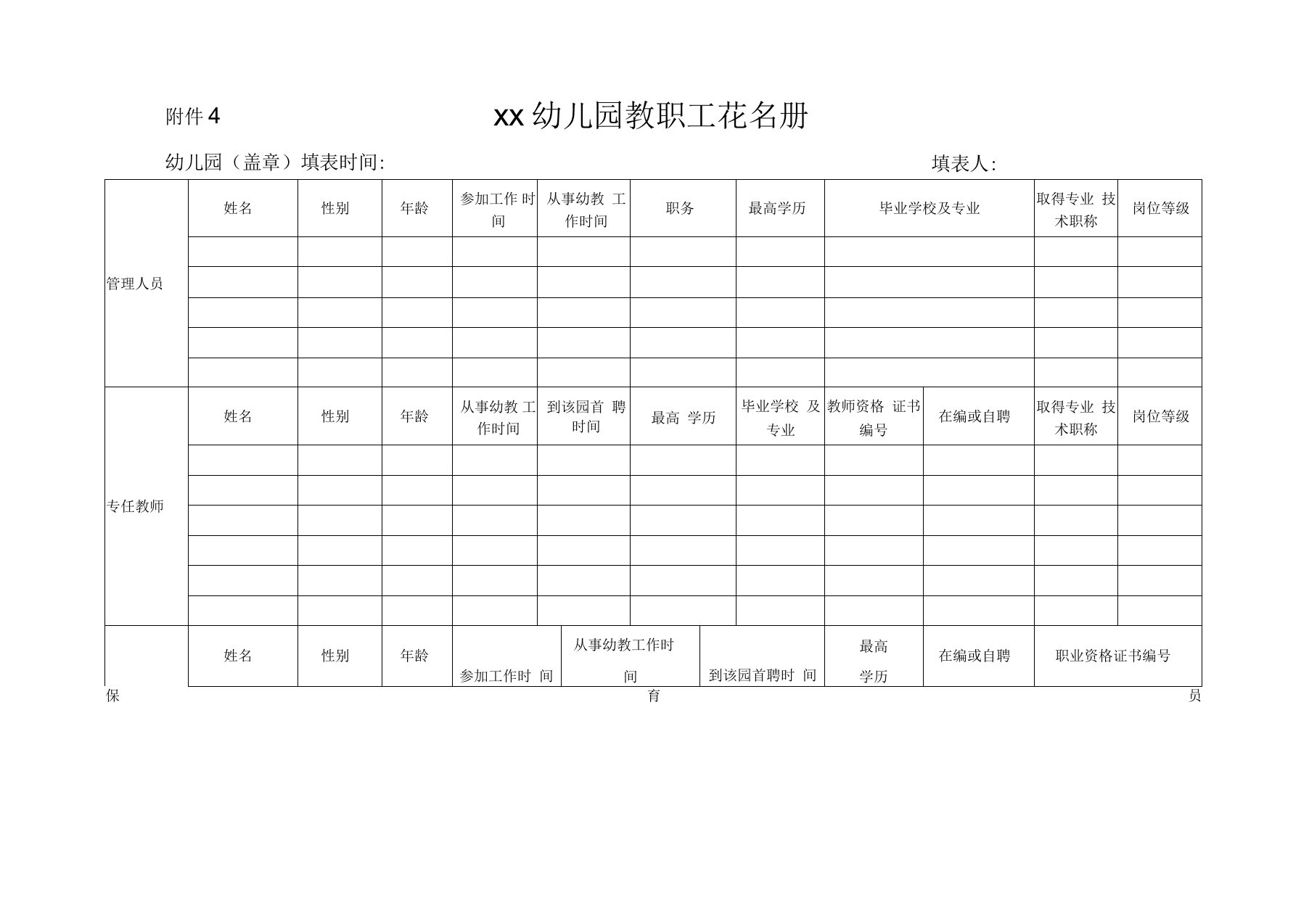 某幼儿园教职工花名册