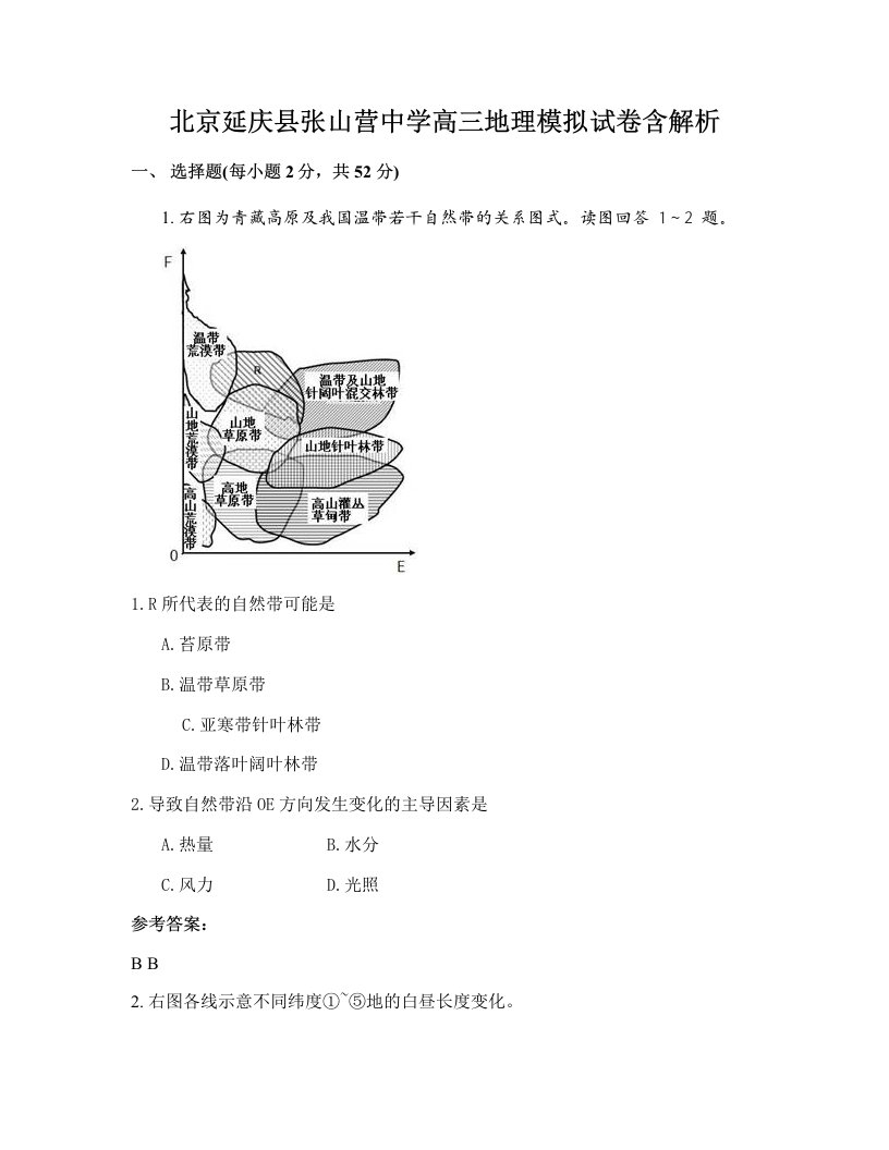 北京延庆县张山营中学高三地理模拟试卷含解析