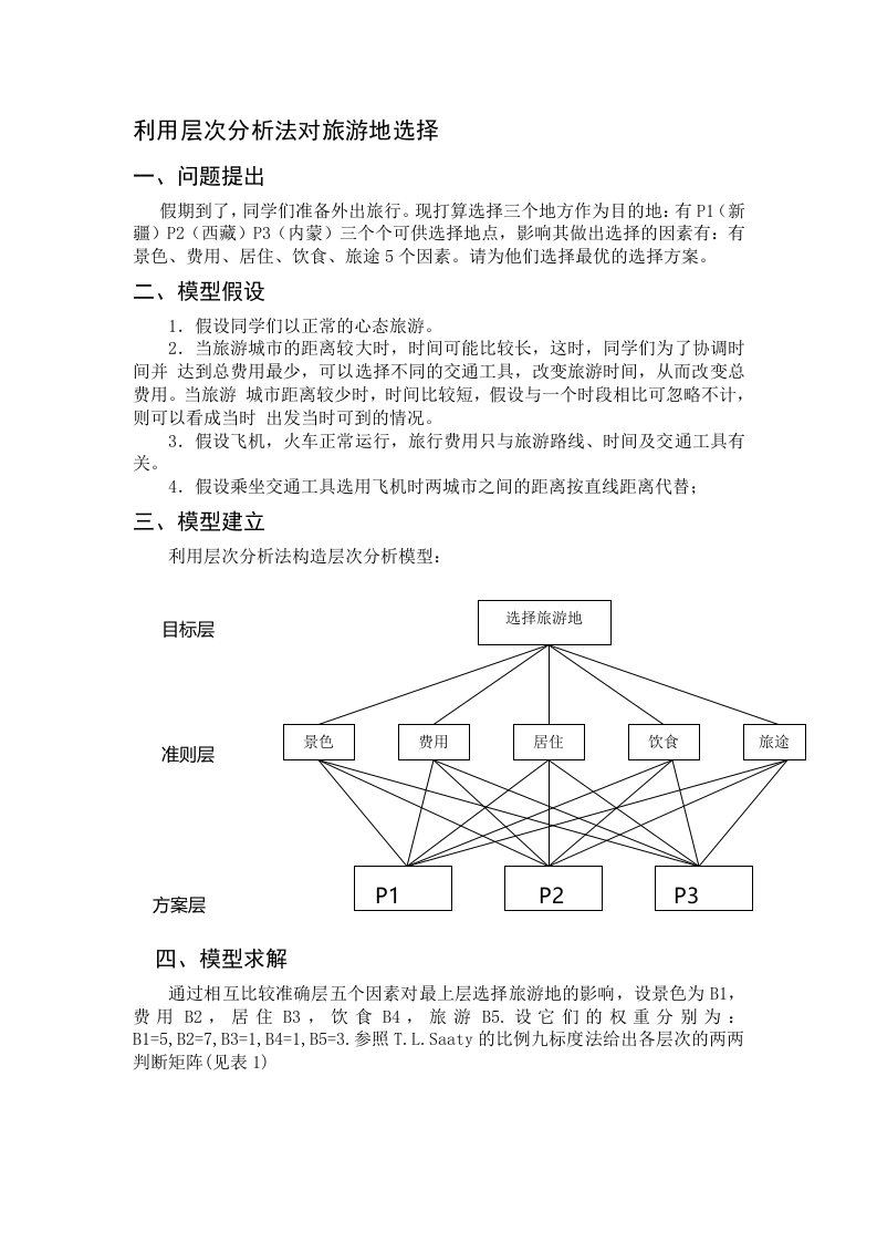 层次分析法对旅游地的选择