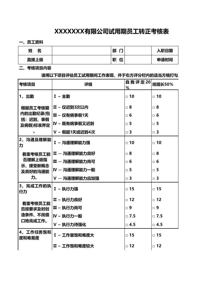 绩效管理表格-员工转正考核表