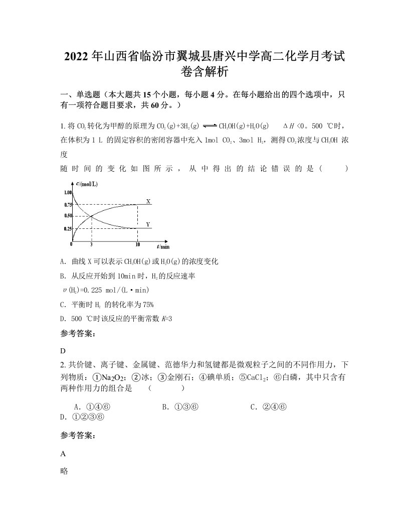 2022年山西省临汾市翼城县唐兴中学高二化学月考试卷含解析