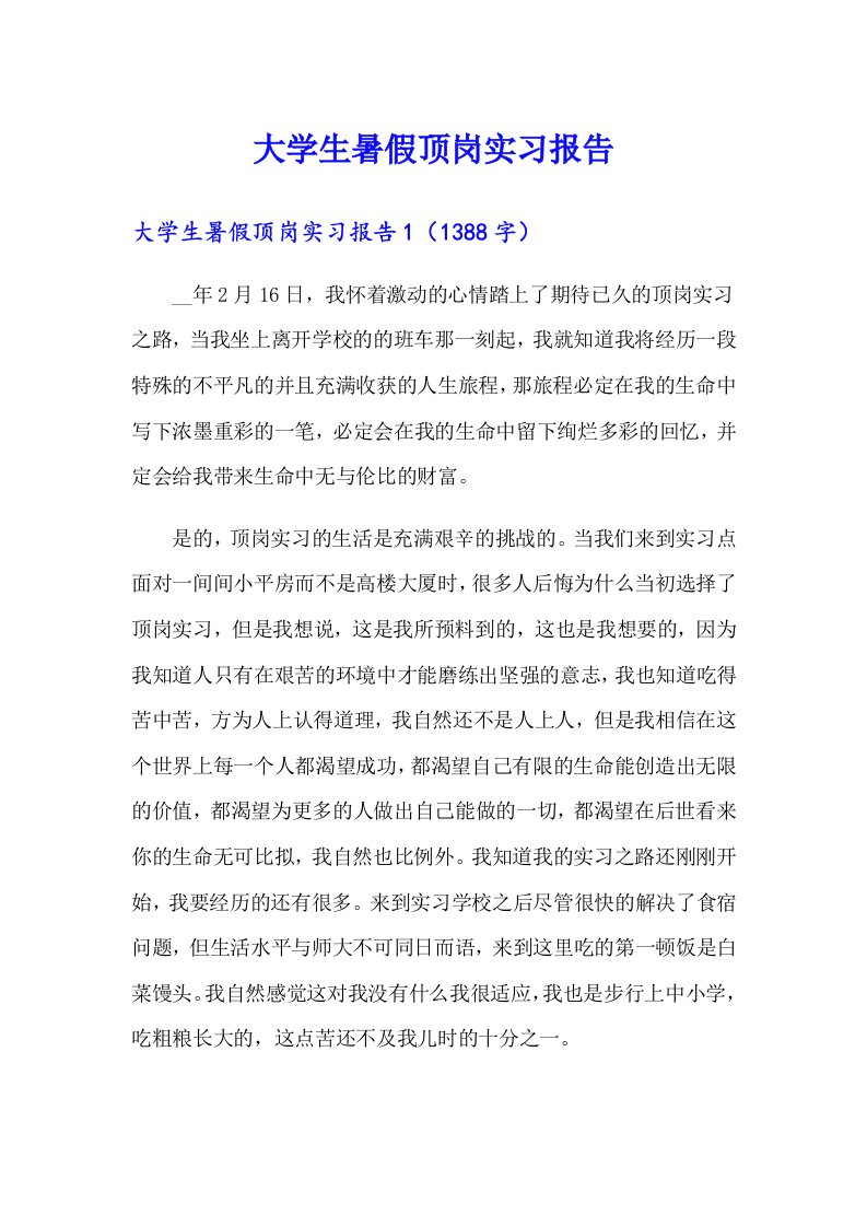 大学生暑假顶岗实习报告