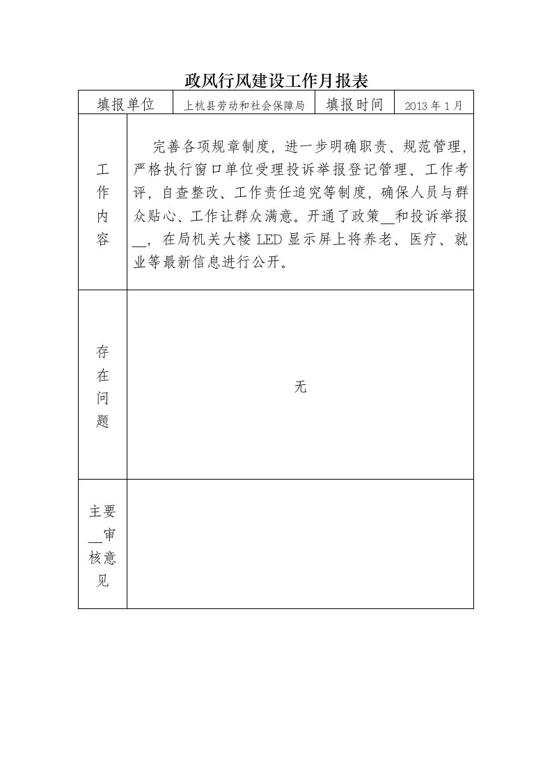 政风行风建设工作月报表