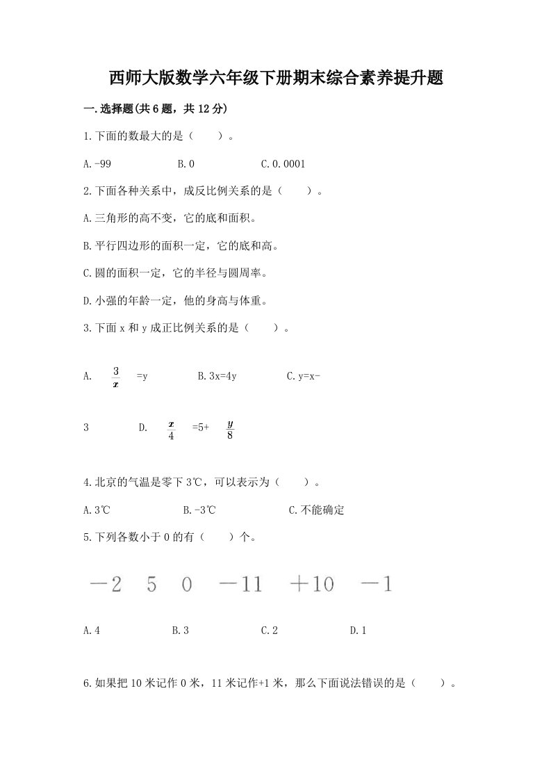 西师大版数学六年级下册期末综合素养提升题（各地真题）