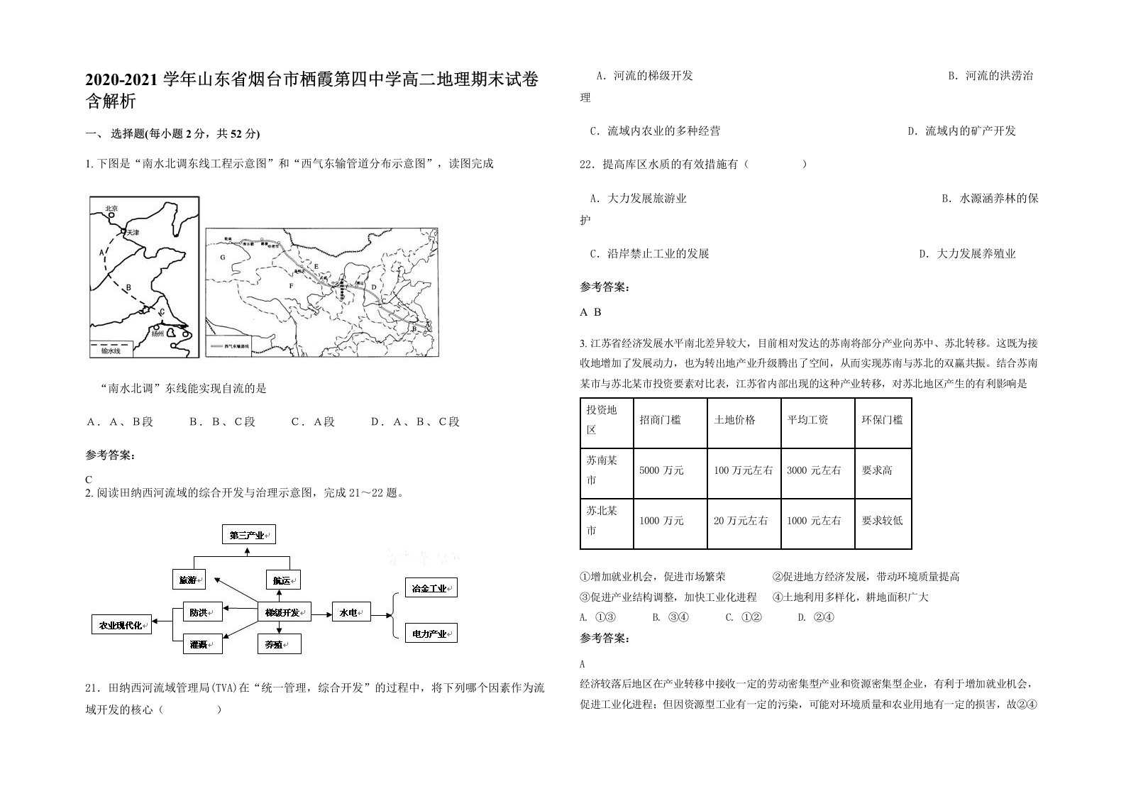 2020-2021学年山东省烟台市栖霞第四中学高二地理期末试卷含解析